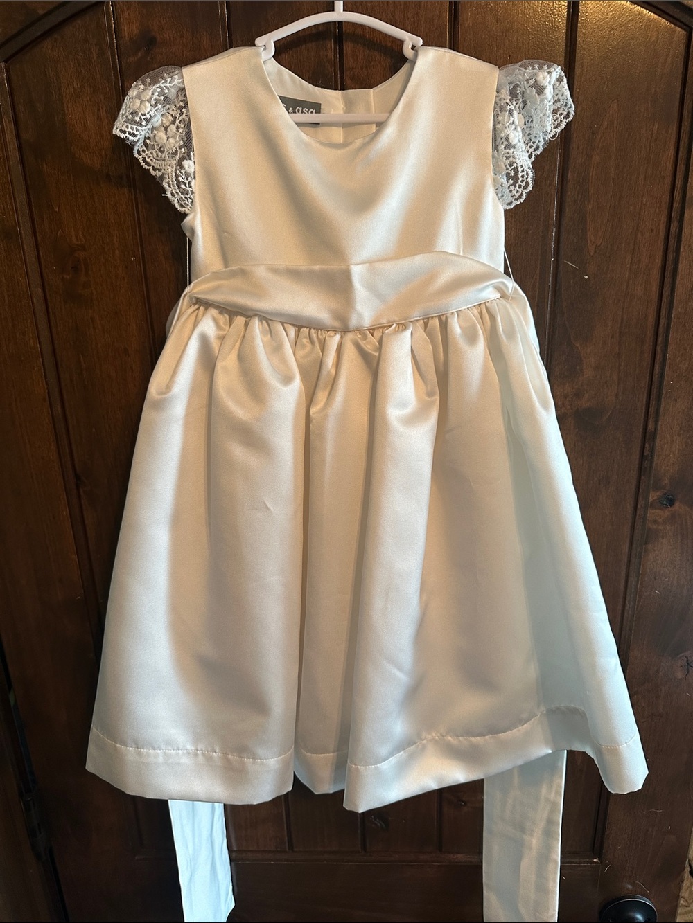 Girls' Satin Ivory Party Dress with Lace Cap Sleeves